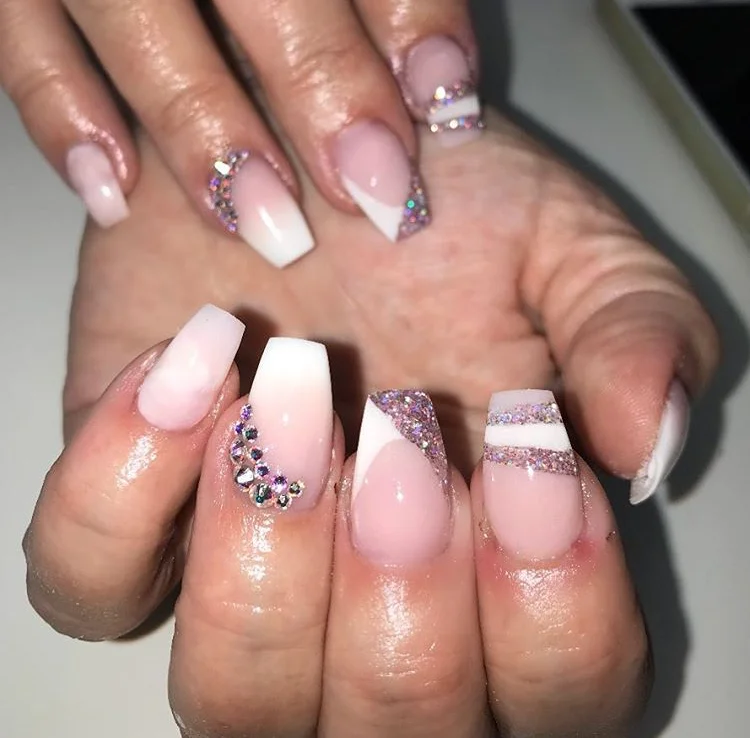 Short Pink and White Bespoke Acrylic Nails.