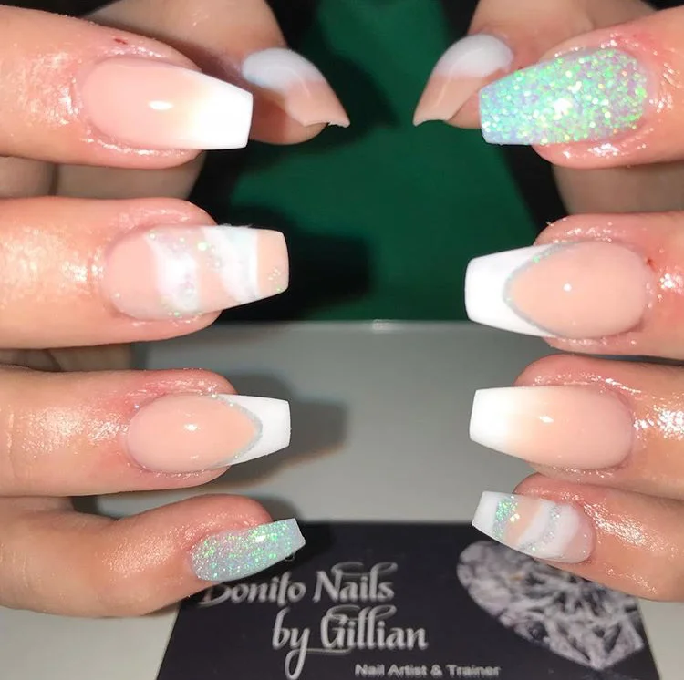 White and Green Bespoke Acrylic Nails. 