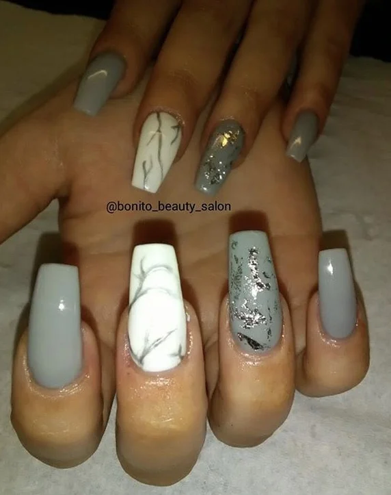 Grey and White Custom Acrylic Nails.