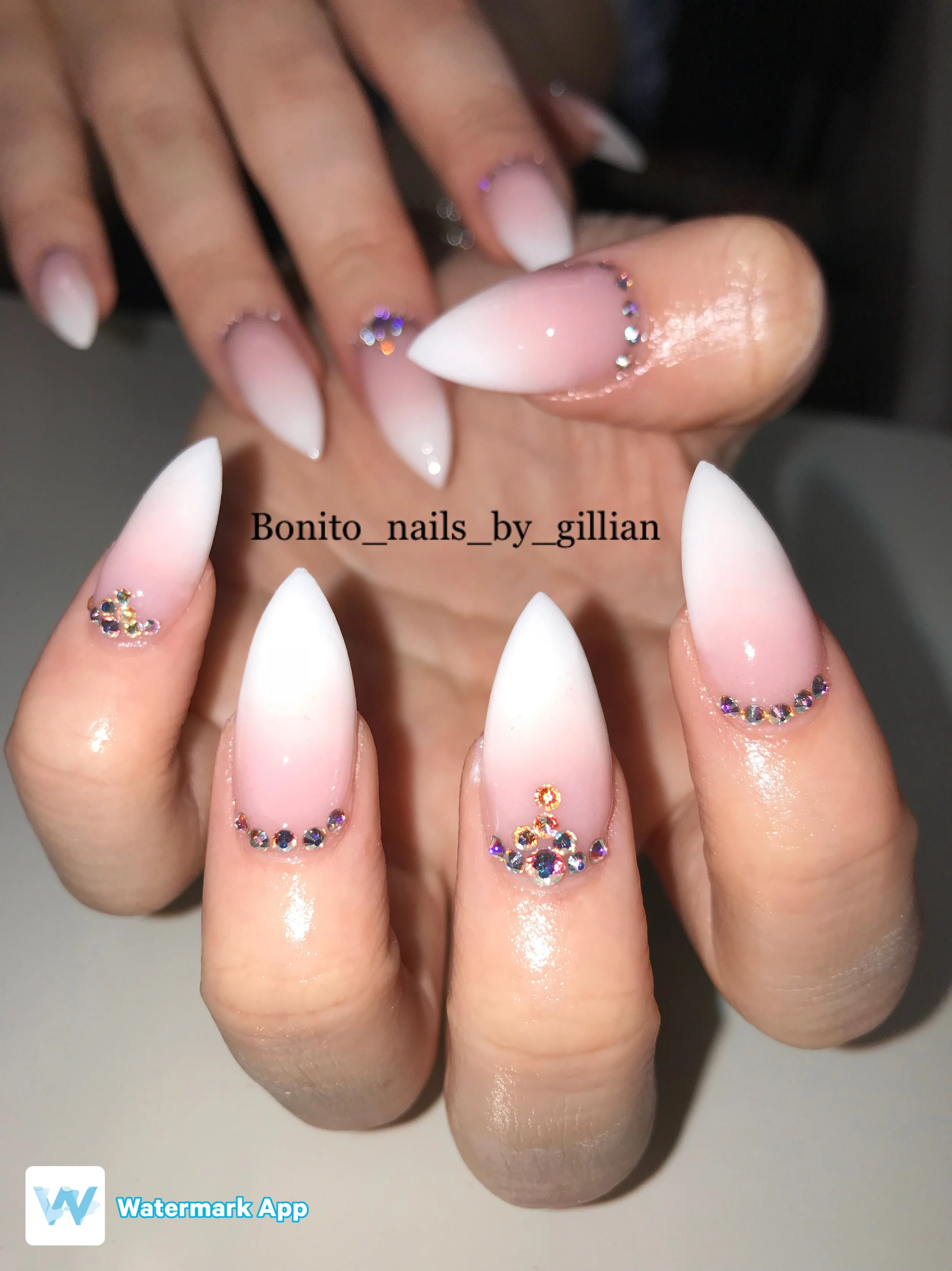 Sharp Pink and White Ombré Acrylic Nails.