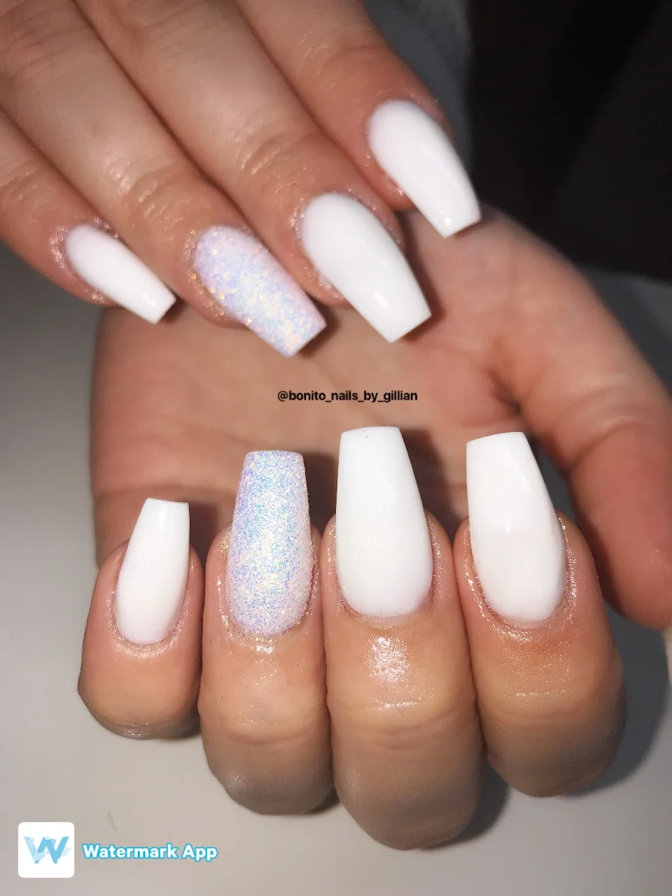 Shiny White Spring to Summer Acrylic Nails.