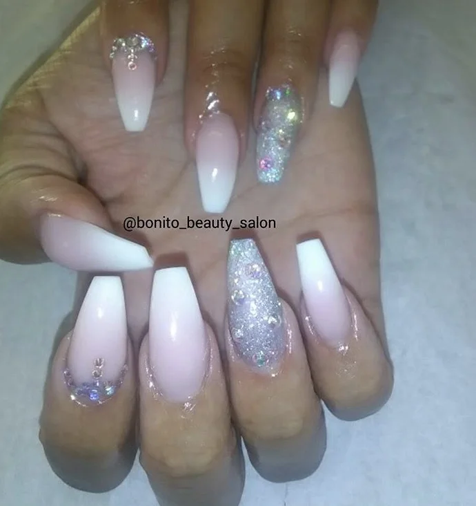 Pink and White Swarovski Acrylic Nails.