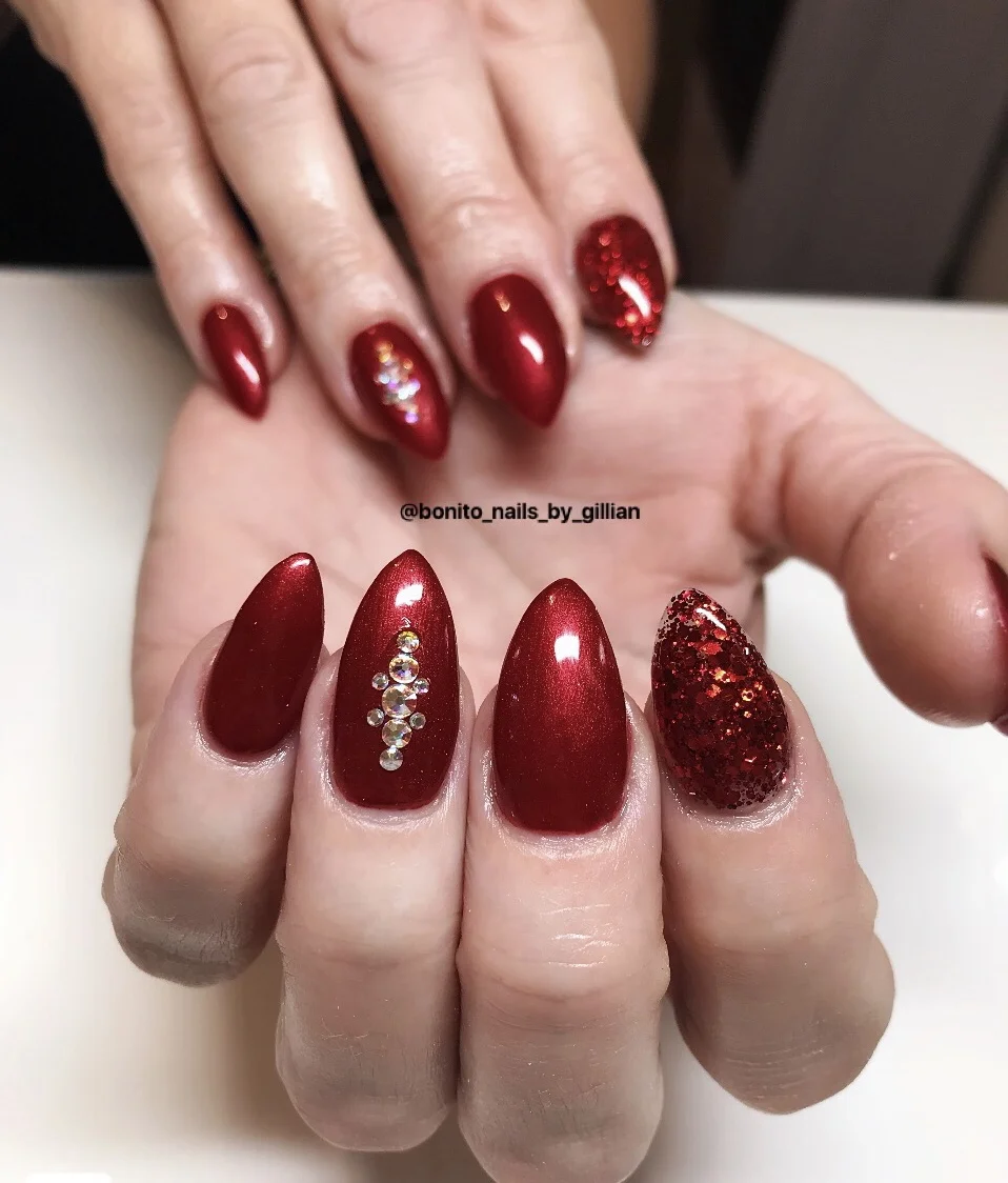 Shiny Red Christmas Acrylic Nails.