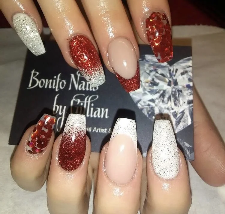 Red and Silver Christmas Acrylic Nails.