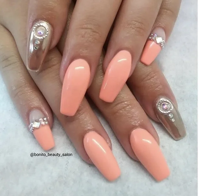 Orange and Gold Spring to Summer Acrylic Nails.