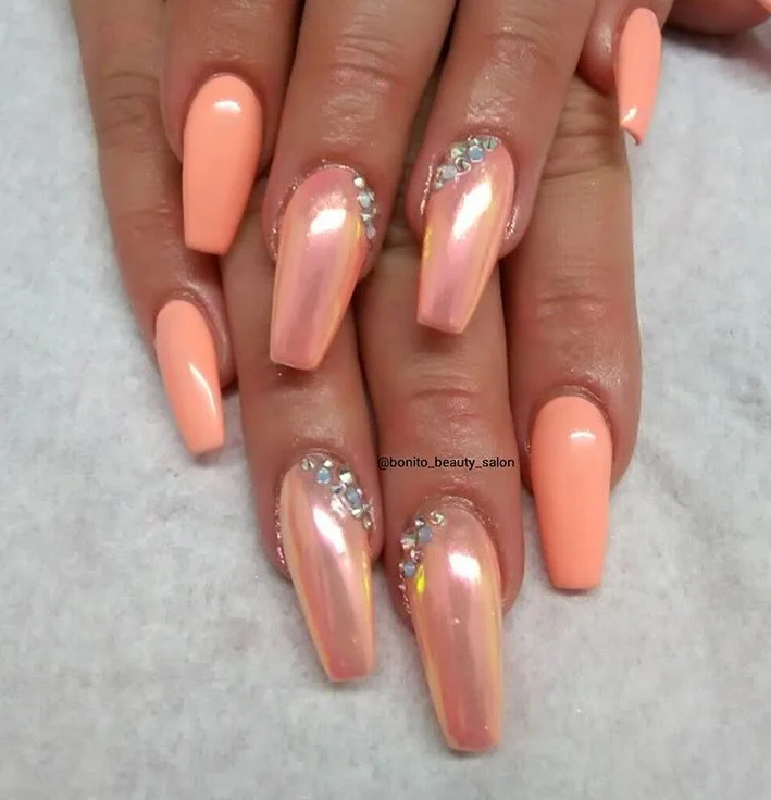 Shiny Orange Spring to Summer Acrylic Nails.