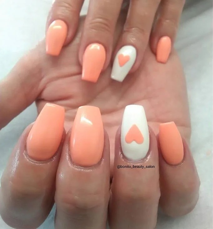 Orange and White Spring to Summer Acrylic Nails.