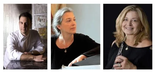 Chef Vince Muraco, pianist Diane Huling, and oboist Ellen Katz Willner.