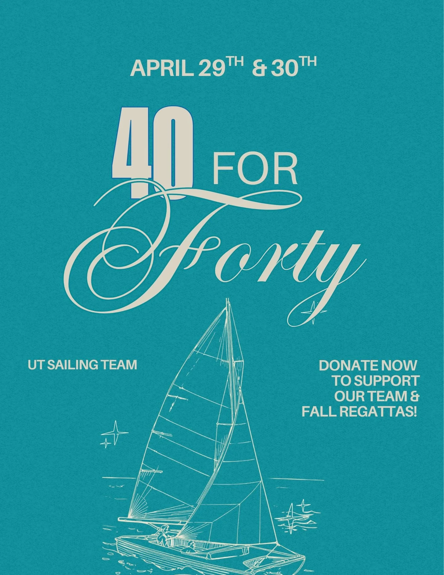 40 for FOURTY IS LIVE! Our largest fundraiser of the year is on TODAY AND TOMORROW! We need your help to support the team, race in the fall, and teach the next generation of sailors! Link in our bio to support. 

#hookem #texassailing