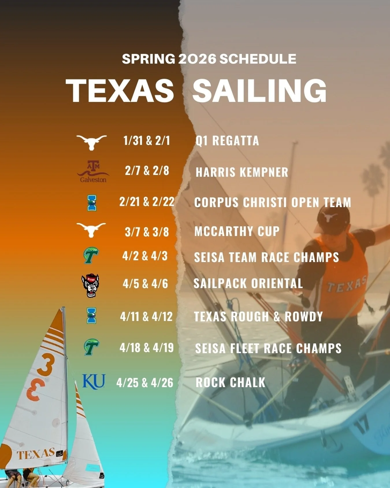 Mark your calendars🤘

2025-2026 Spring Regattas 

#texassailing #hookem