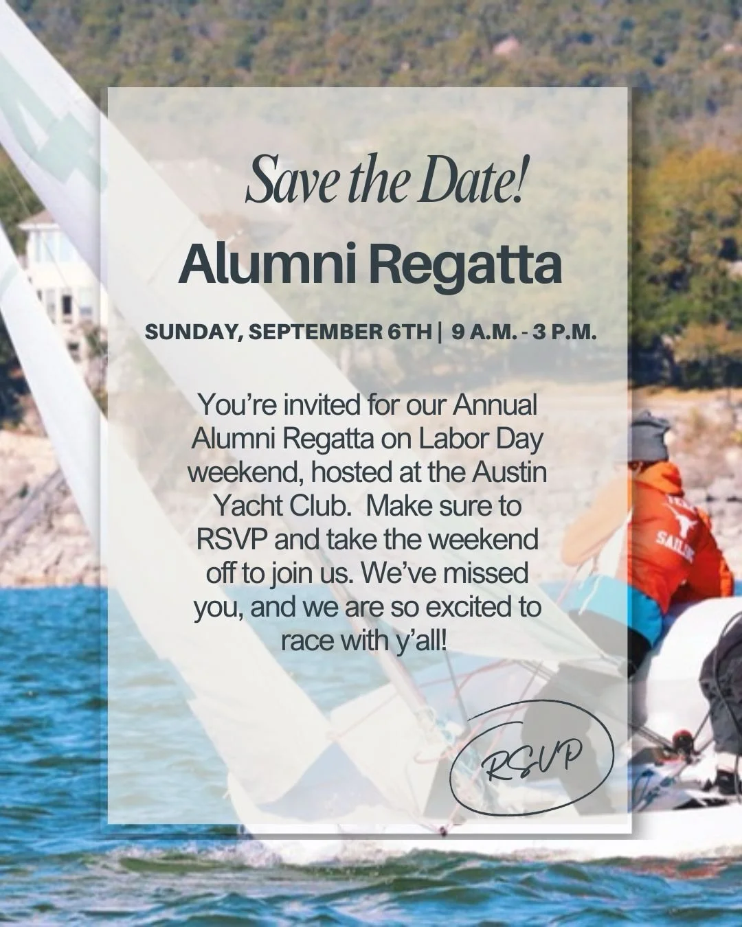 RSVP in our linktree 🖇️⛵️

We&rsquo;re looking forward to racing on the water September 6th from 9 AM&ndash;3 PM! Come sail with us, reconnect with the team, and enjoy the UT home game while you&rsquo;re here. 🧡

#UTSailing #TexasSailing #HookEm