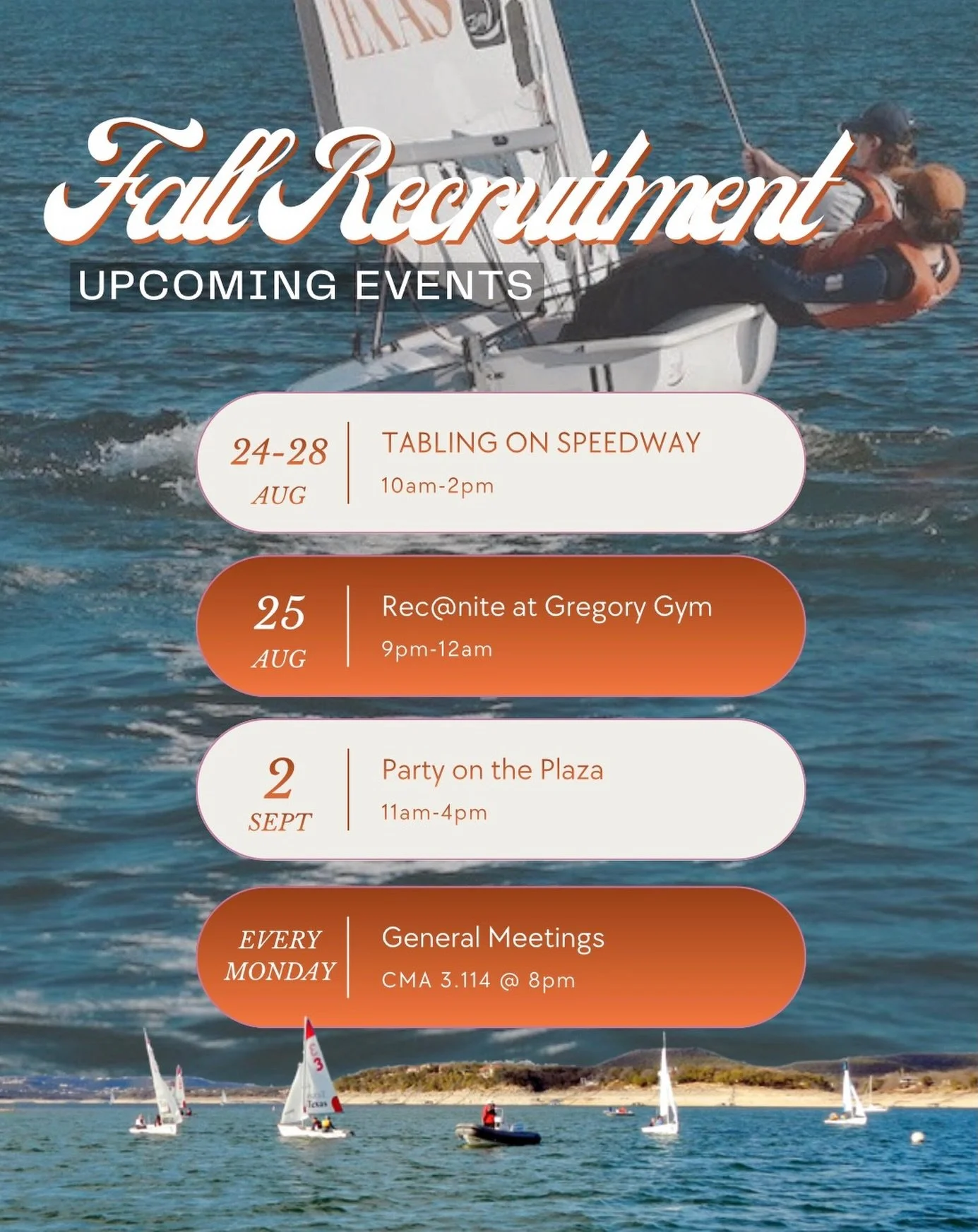 BACK TO SCHOOL = BACK TO SAILING ⛵️🤘
Interested in sailing? Curious about joining? Never sailed before? Come meet us at any of these events!