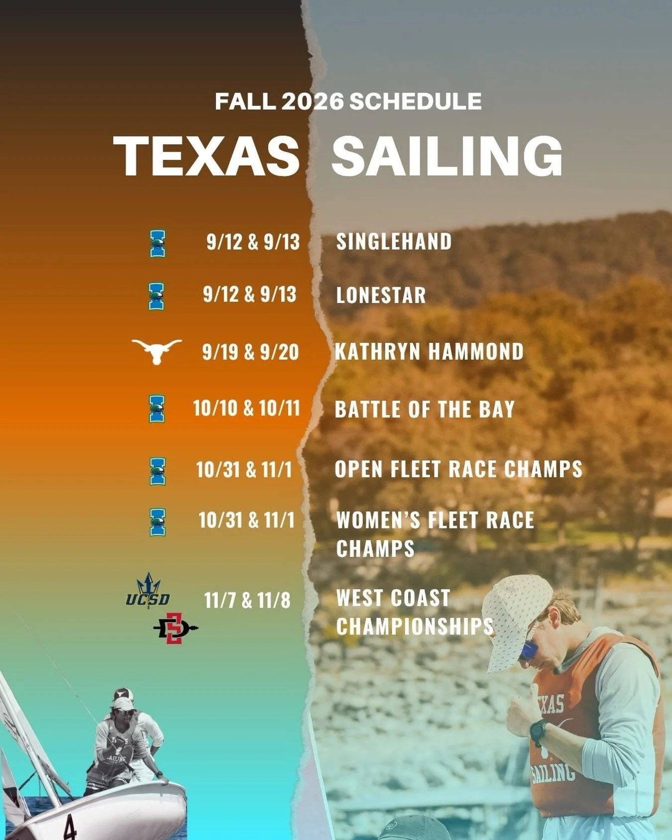 Mark your calendars 🤘

2026-2027 Fall Regattas

#texassailing #hookem