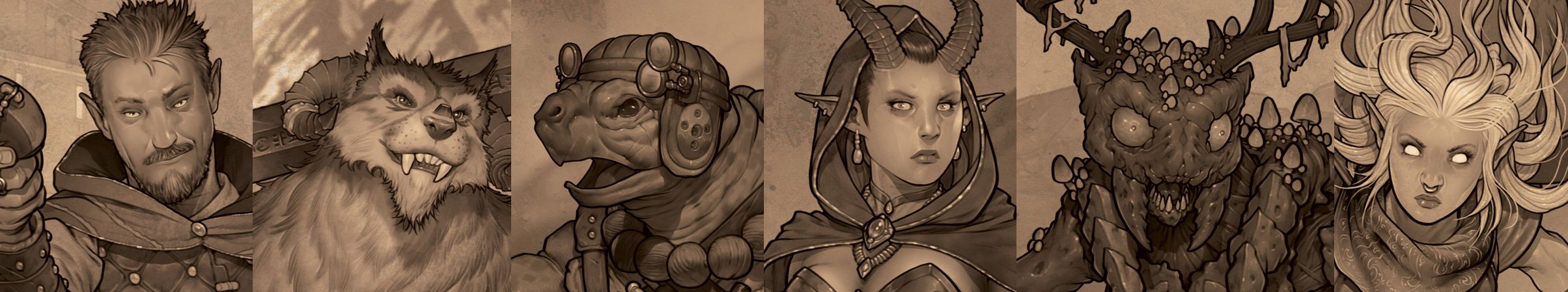 A group of fantasy characters in a sepia tone. From left to right: a male warrior with a beard holding a sword, a wolf-like creature with horns, a reptilian humanoid with goggles, a female elf or sorceress with horns, a troll or ogre with large eyes and horns, and a female elf or sorceress with flowing hair and glowing eyes.