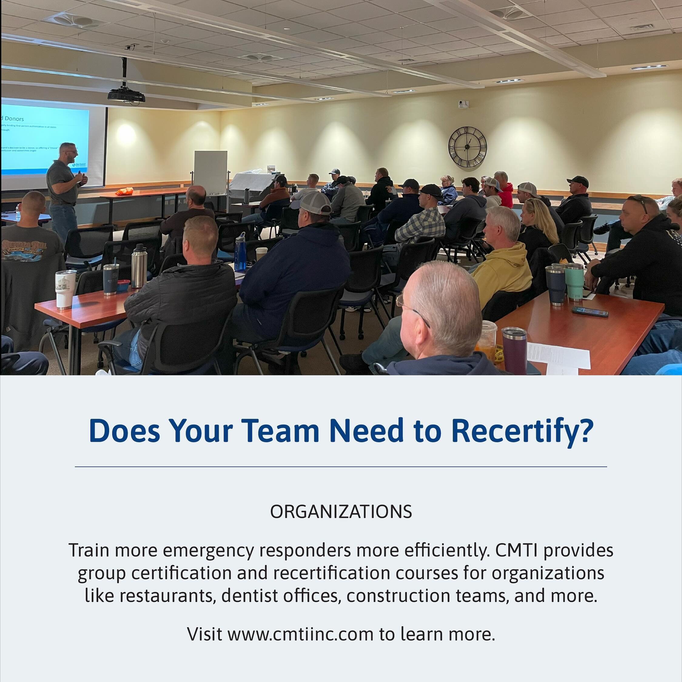 CMTI offers certification and recertification courses for organizations like restaurants, construction companies, dentist offices, and much more. Contact us online for certification and recertification courses! 

#CMTIEMS #EMT #Paramedic #courses #tr