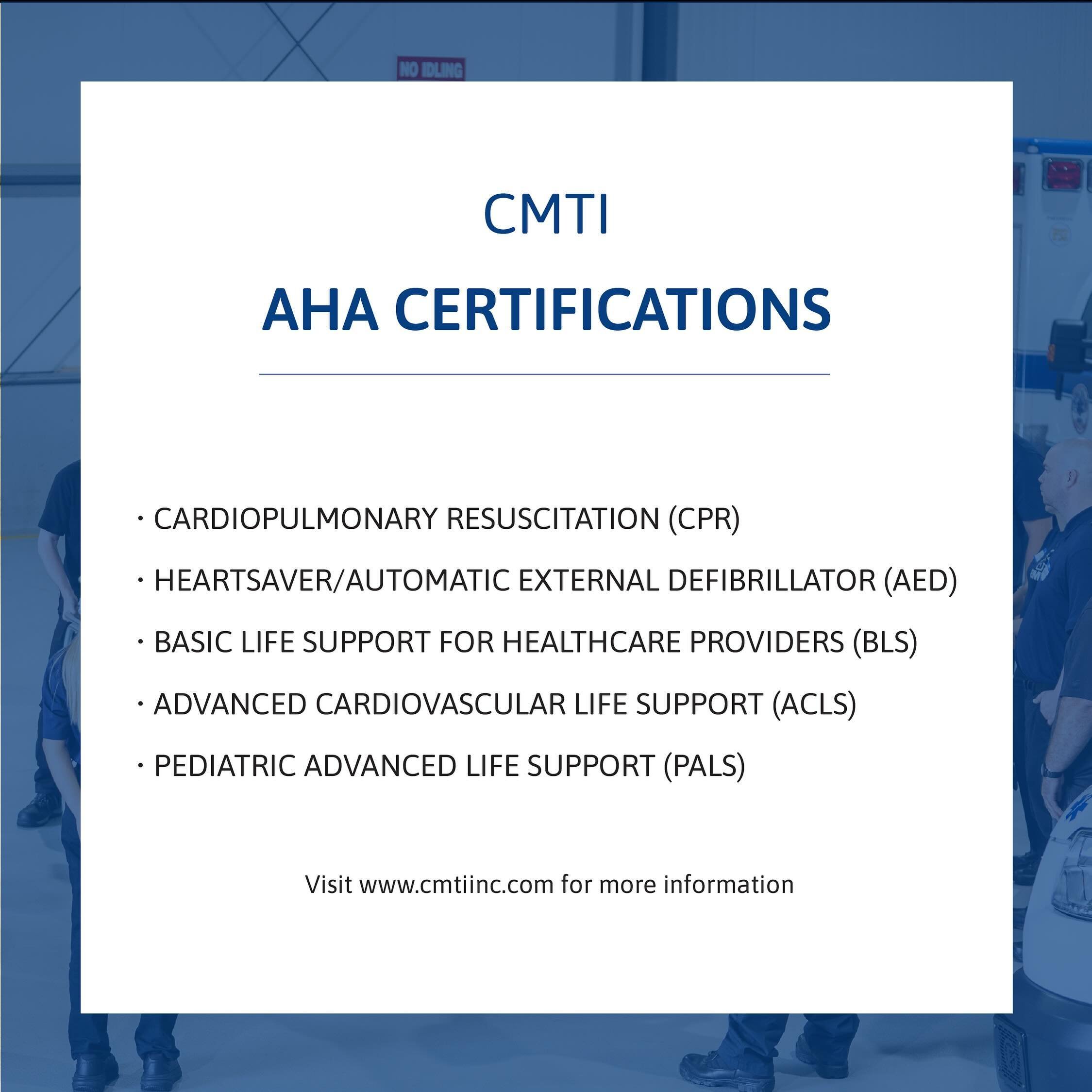 In addition to EMT and Paramedic courses, CMTI also provides AHA certification courses including: CPR, AED, BLA, ALS, and PALS. 

#CMTIEMS #EMT #Paramedic #courses #training #als #bls #cpr #firstresponders