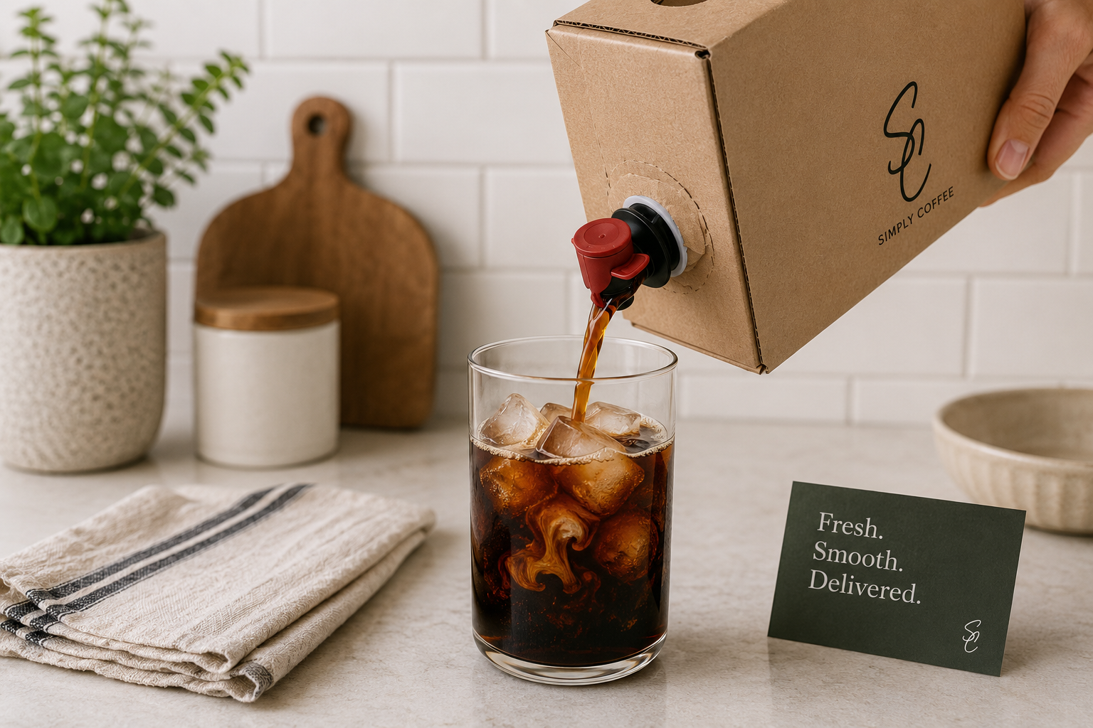 Pouring fresh cold brew from bag-in-box container.