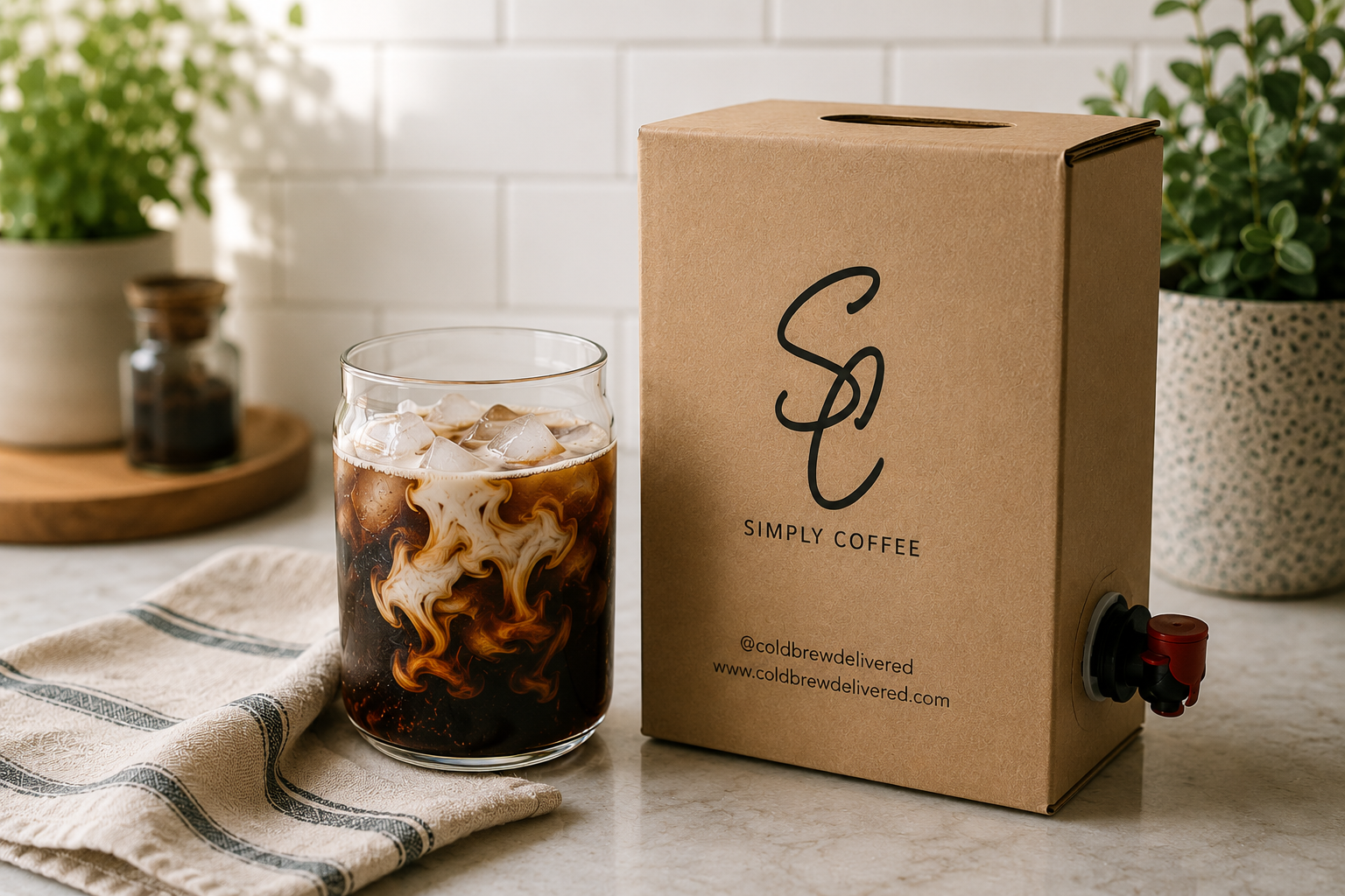 Simply Coffee cold brew served over ice next to delivery box.