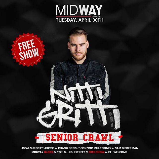 🚨BIG ANNOUNCEMENT🚨

This year, for senior crawl, we are happy to announce that Nitti Gritti will be joining us at Midway Block for a FREE SHOW! So...if it being one of your last days as an undergraduate drinking with all your friends before becomin