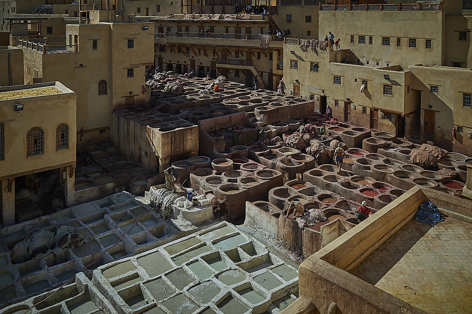 a top view of the main tanneries area, with the vats filled with colours and chemicals to treat and colour the leather