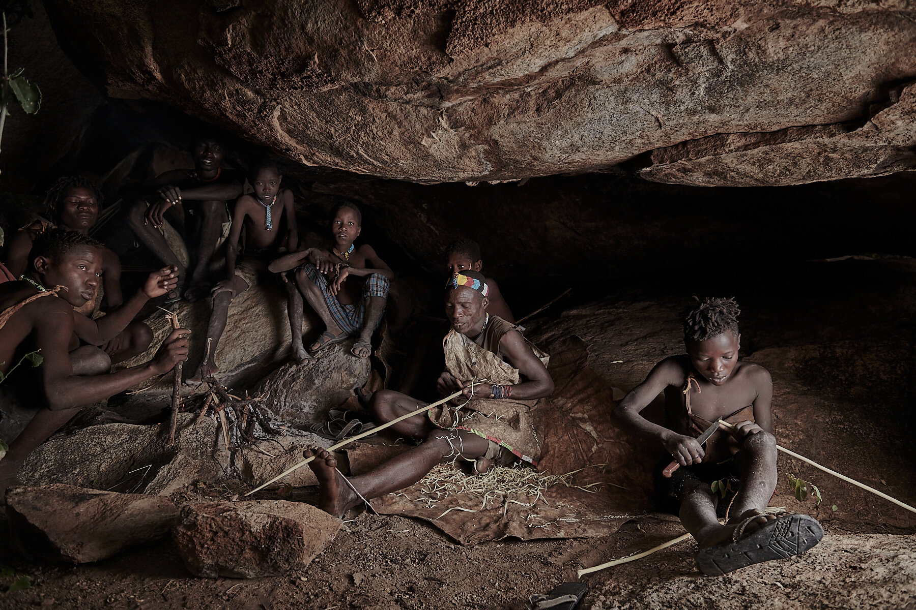 Hadjabe tribe preparing for the day's hunt, Tanzania