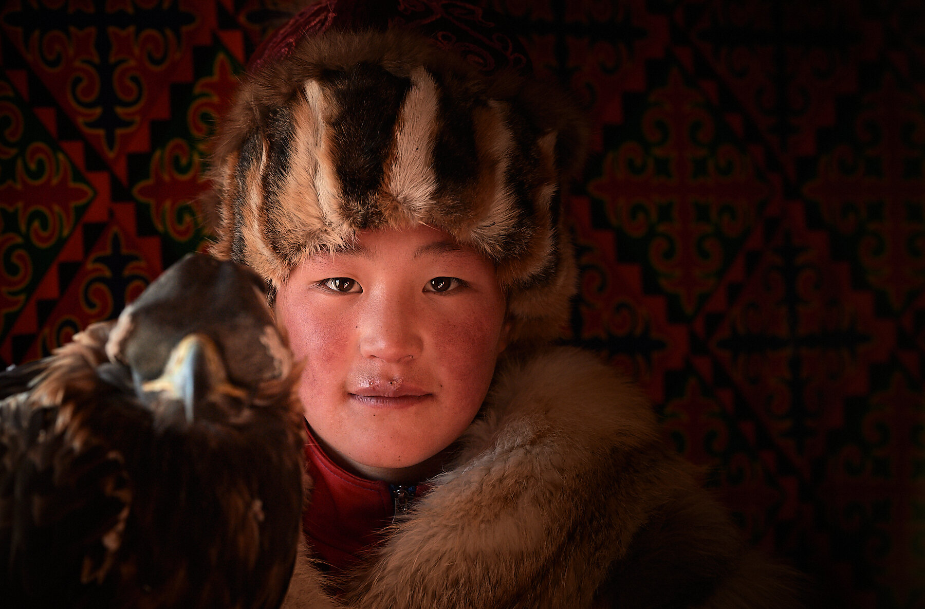 Aigarik, a young, in-training eagle huntress, Altai mountains