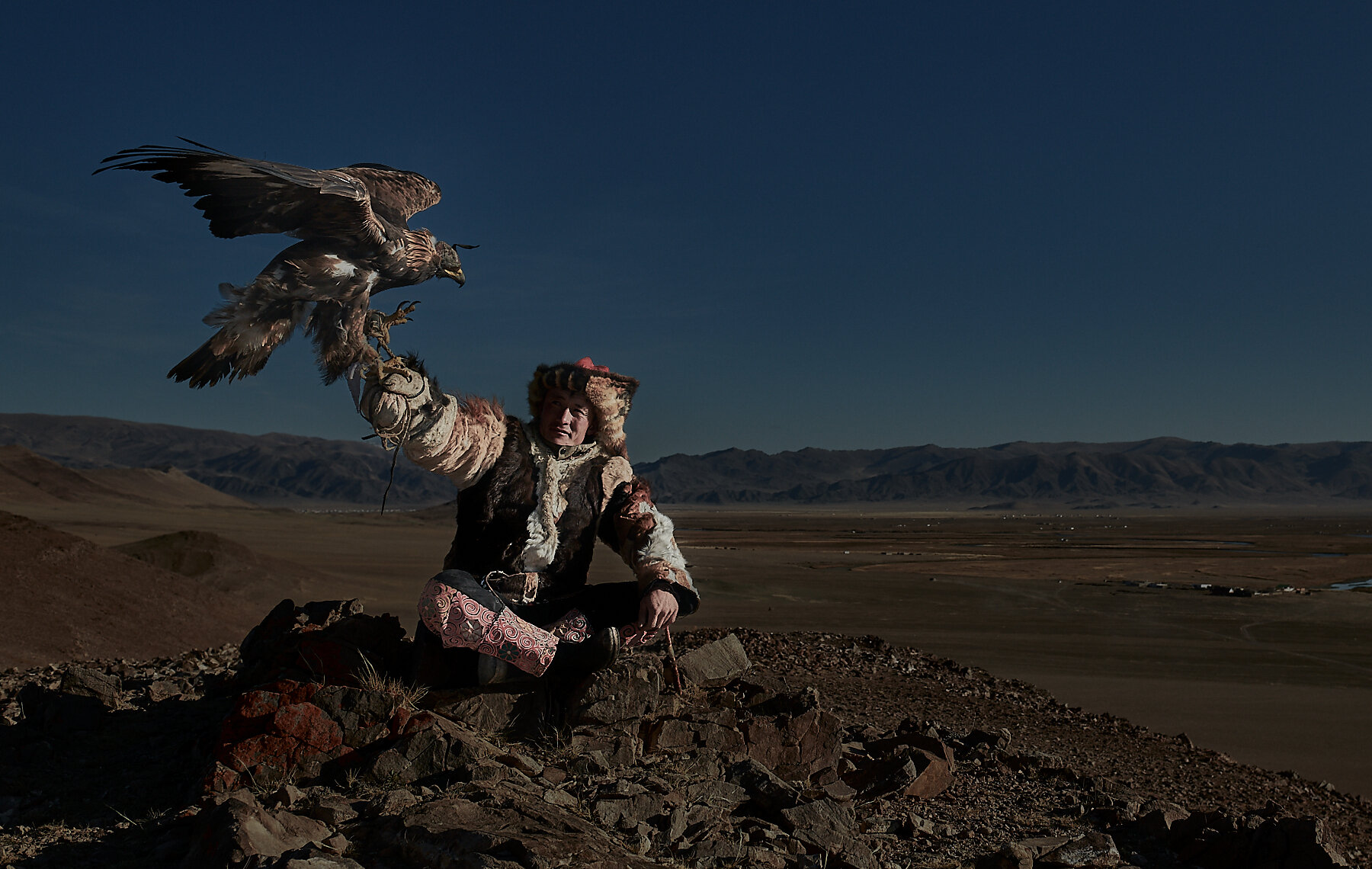 Tileyjan, a third generation eagle hunter with his eagle in action