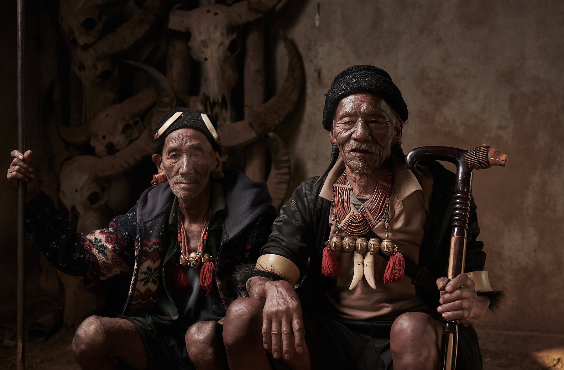 Two ancient Konyak headhunters, Nagaland