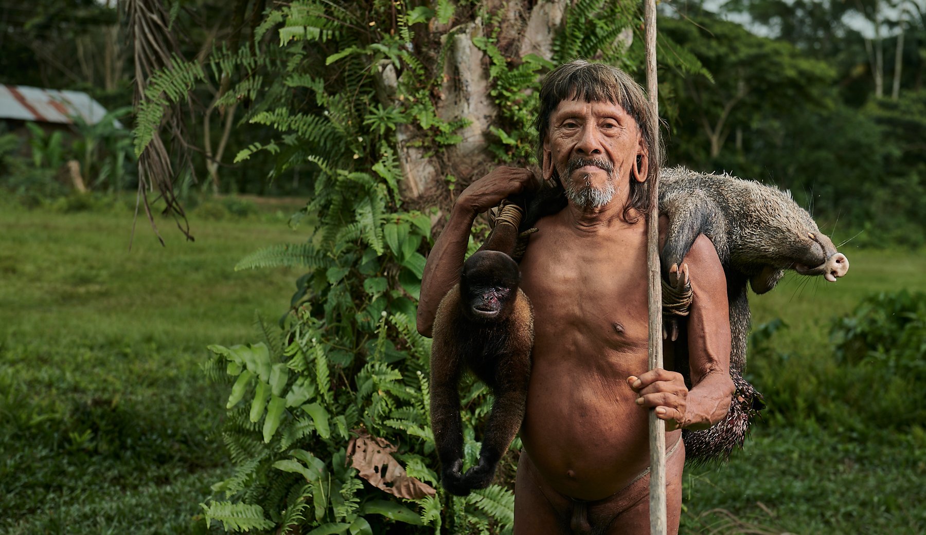 Minigua, one of the older Huaorani hunters with the day's catch: a wild boar and a wooly monkey