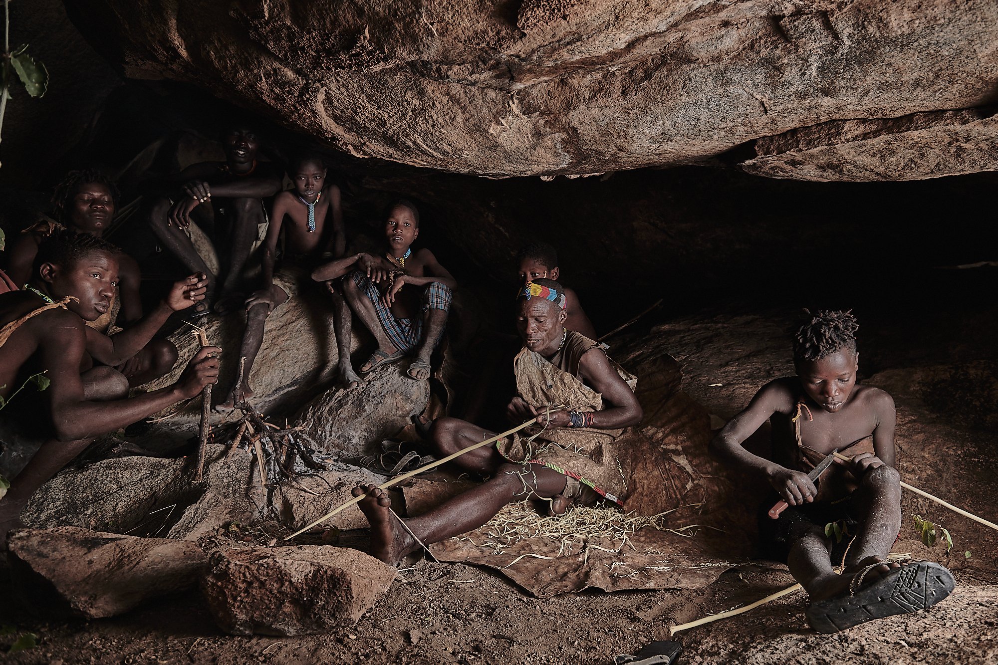Hadzabe tribe preparing for the daily hunt