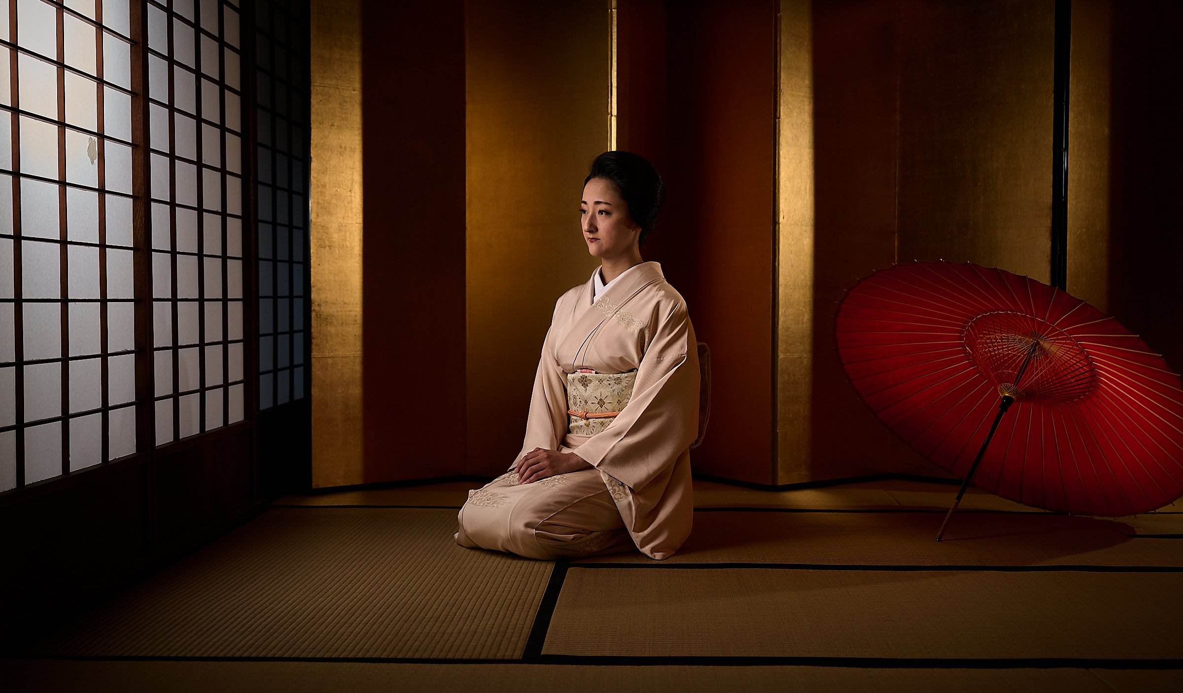 Geiko (Kyoto geisha) with her morning kimono and traditional umbrella