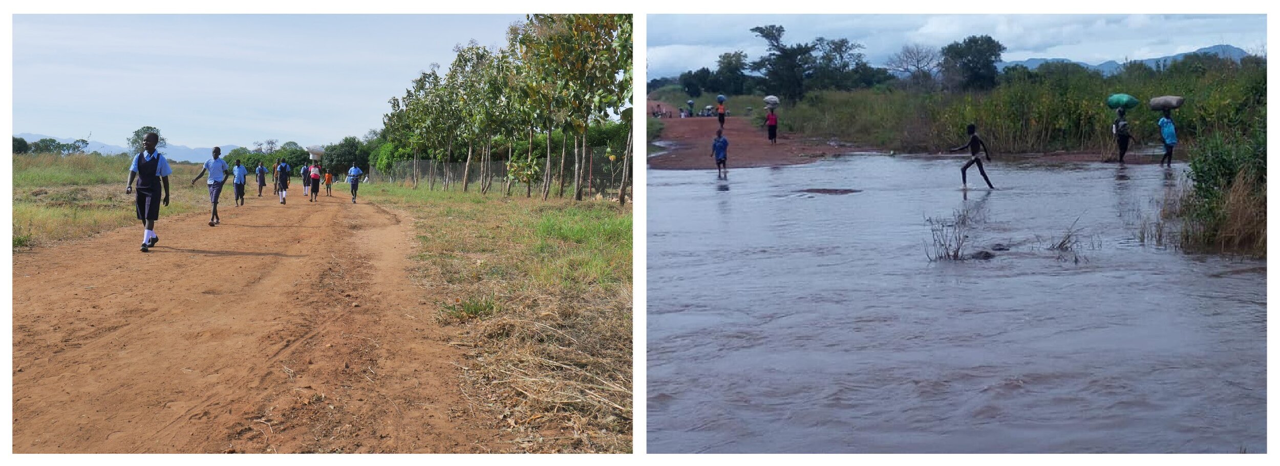 The road in front of HFSS that leads to Torit during dry season (left) and currently (right).