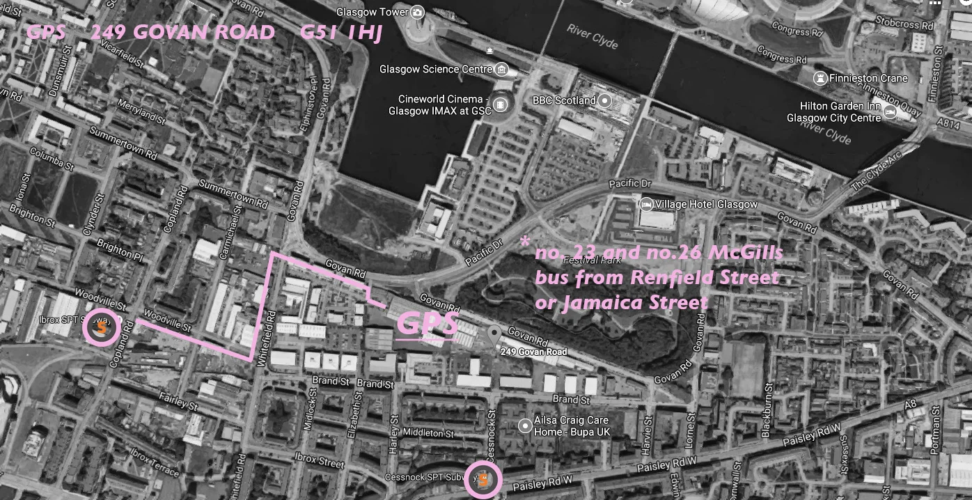We are situated on Govan Road between the BBC buildings and Govan Town Hall(Film City), a short walk from Cessnock or Ibrox subway stations. A no.23 or no. 26 McGills bus will bring you directly from Jamaica Street or Renfield Street in the city centre to Govan Road.