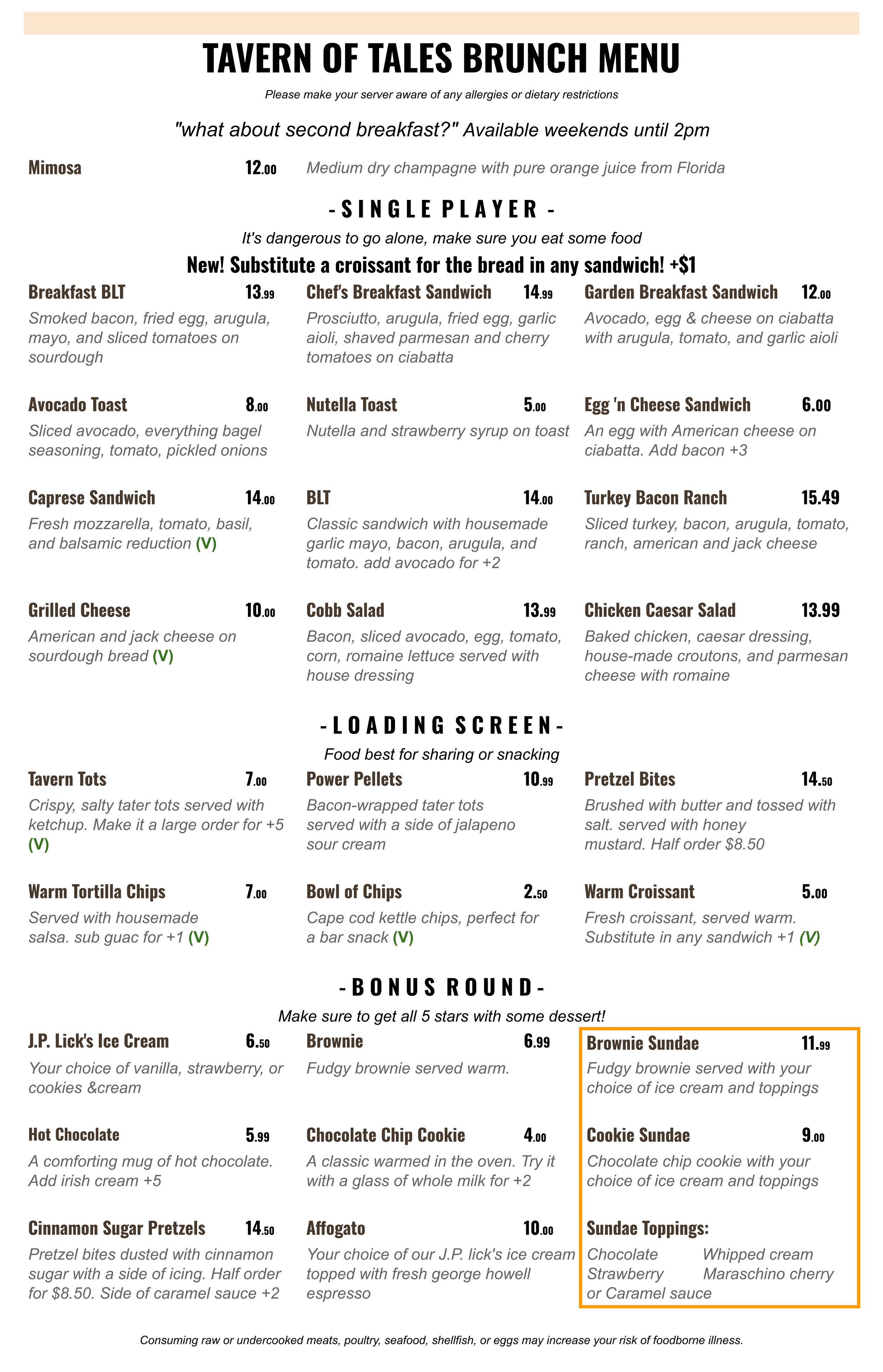 Our brunch menu, featuring breakfast sandwiches, eggs, avocado toast, and more