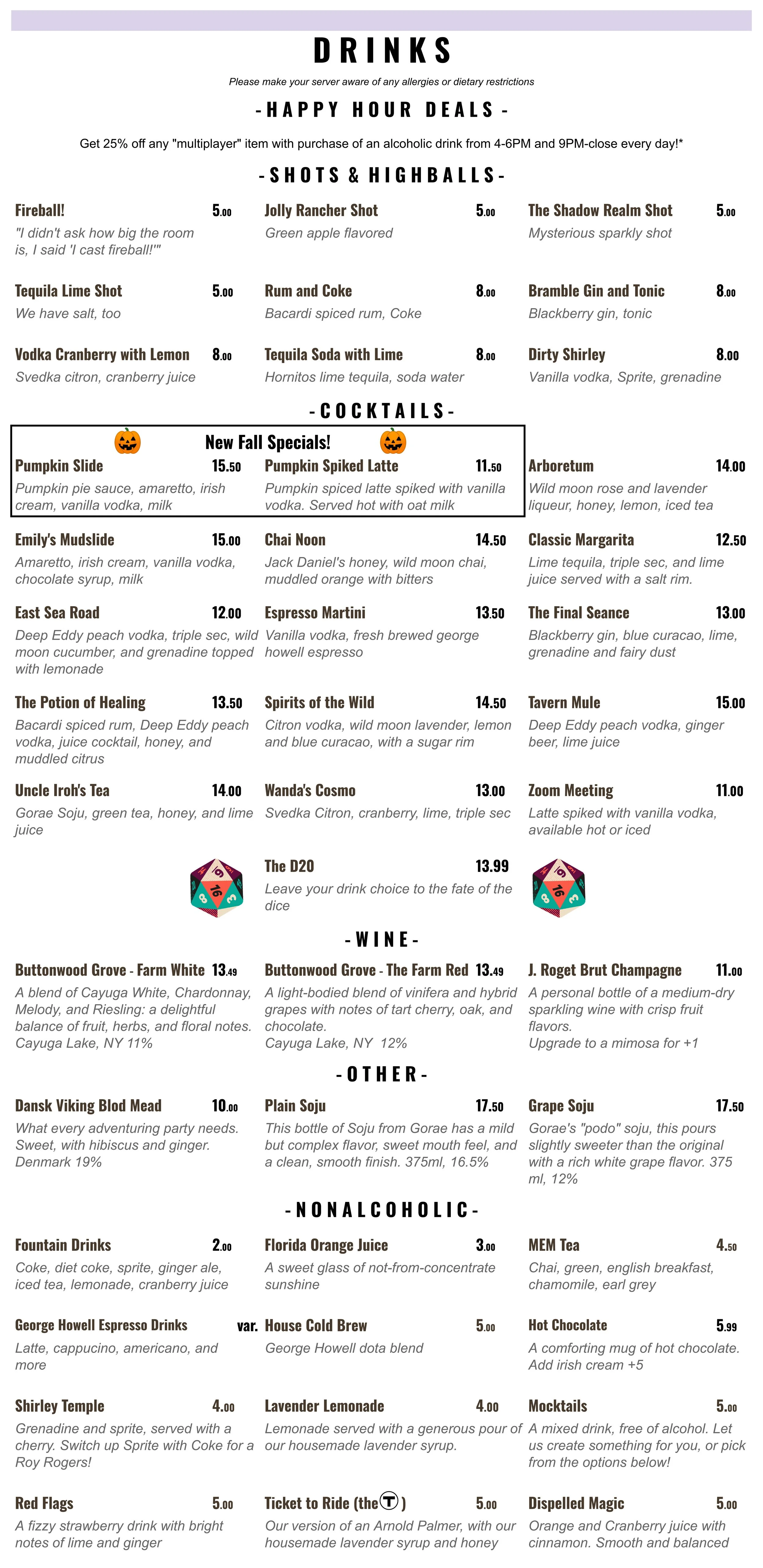 Our drink menu, including shots, highballs, cocktails, wine, mead, and nonalcoholic options.
