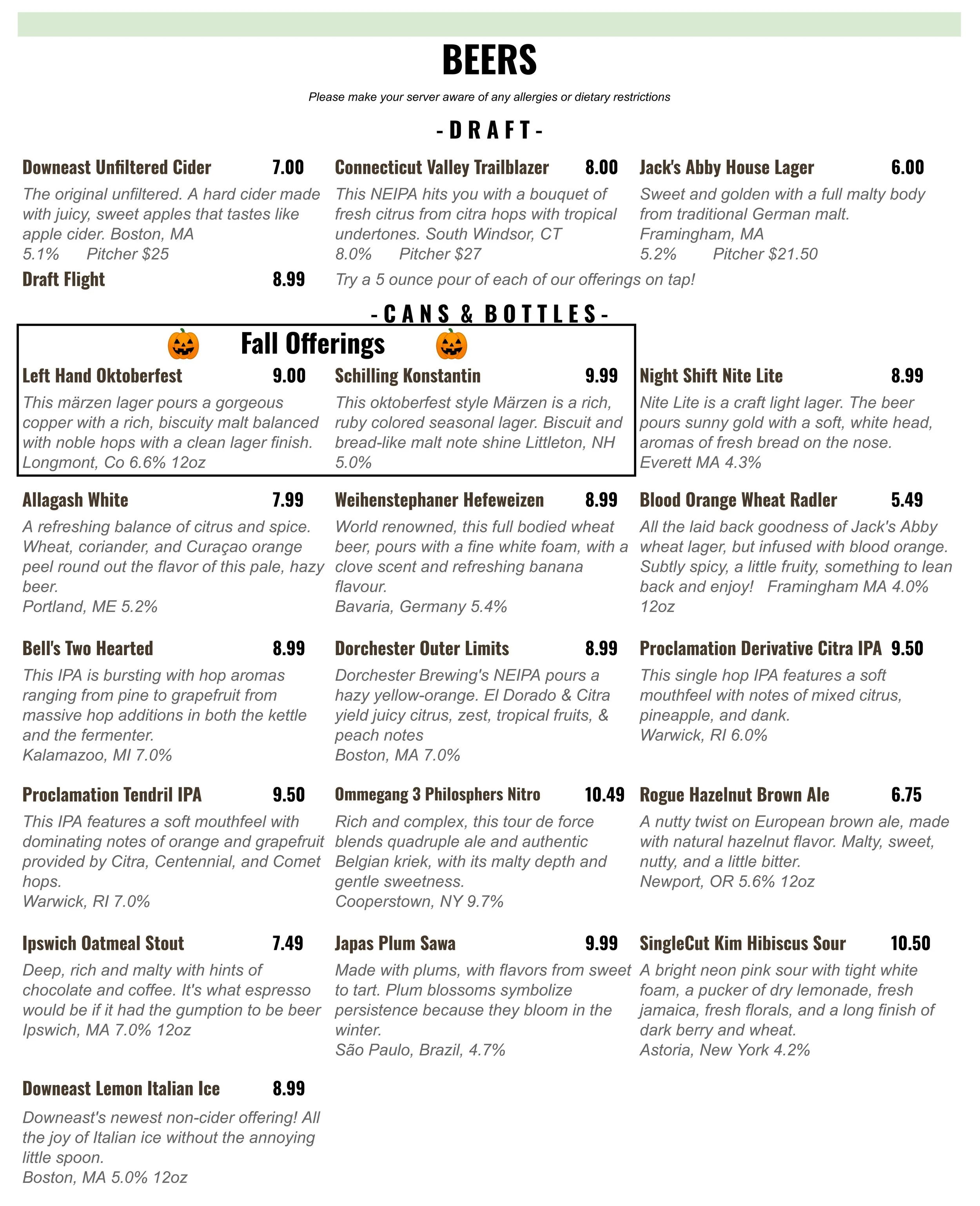 The beers we offer, including in cans and on tap. Also cider and seltzer!