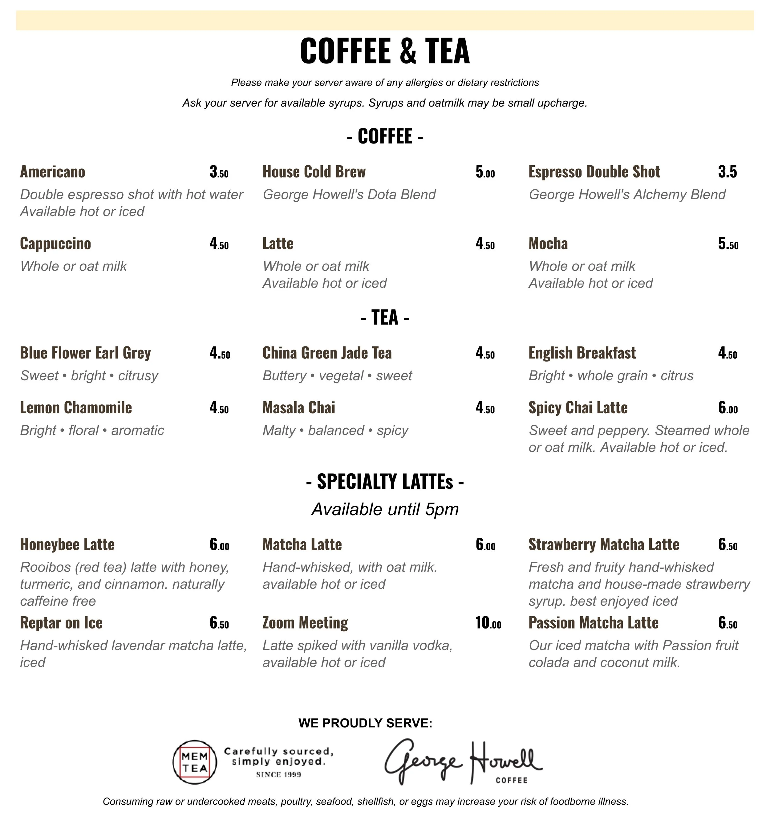 Coffe and Tea Menu for Tavern of Tales.