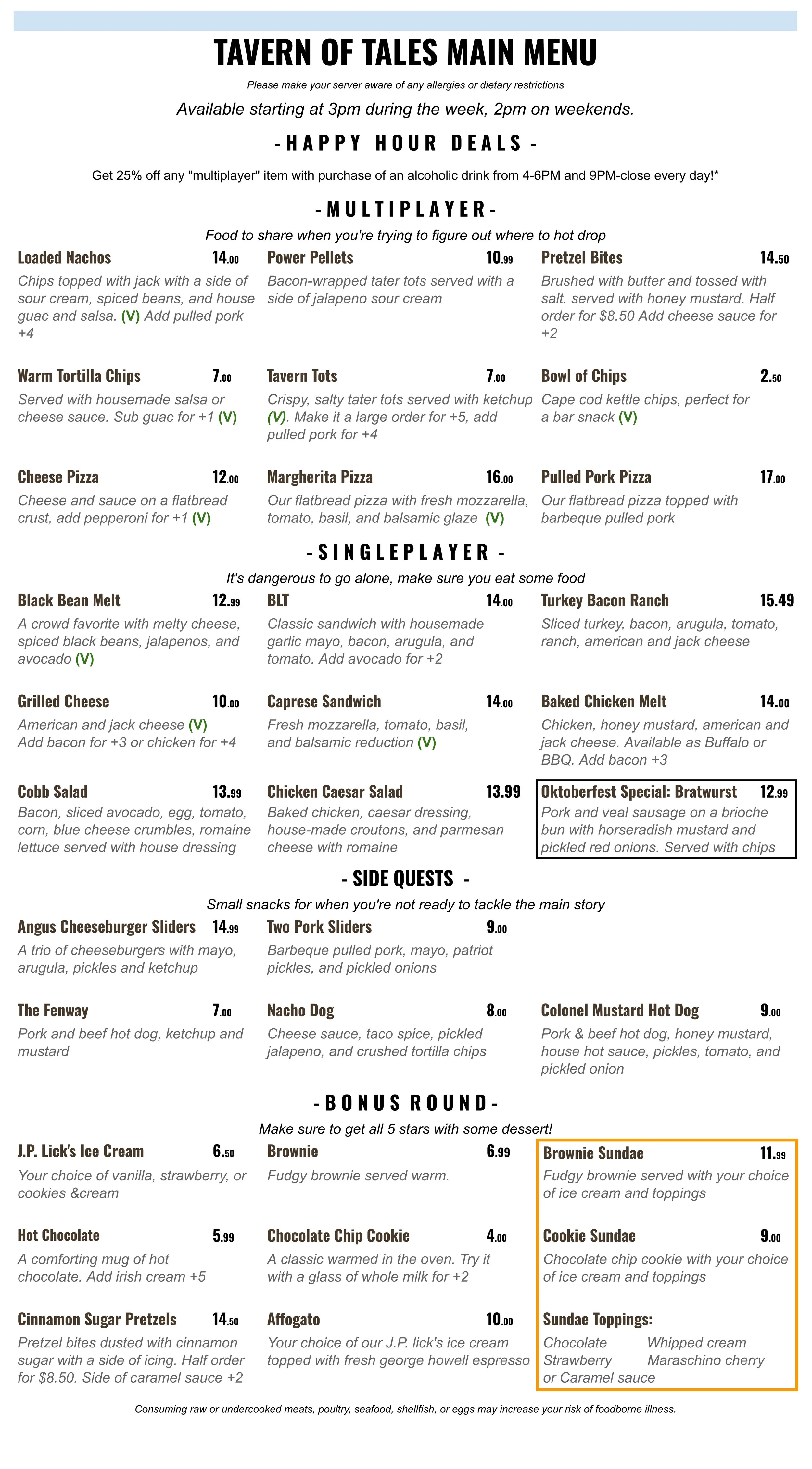 Our Main, daily menu. Featuring sandwiches, pizza, dessert, and more