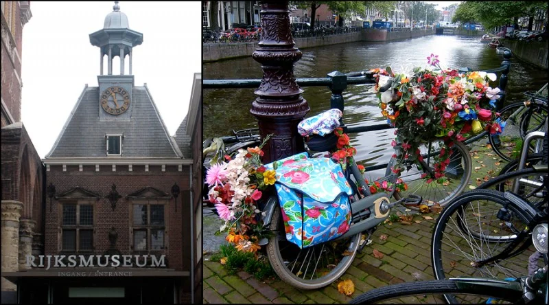 The Rijksmuseum and a canal with bicycles in Amsterdam