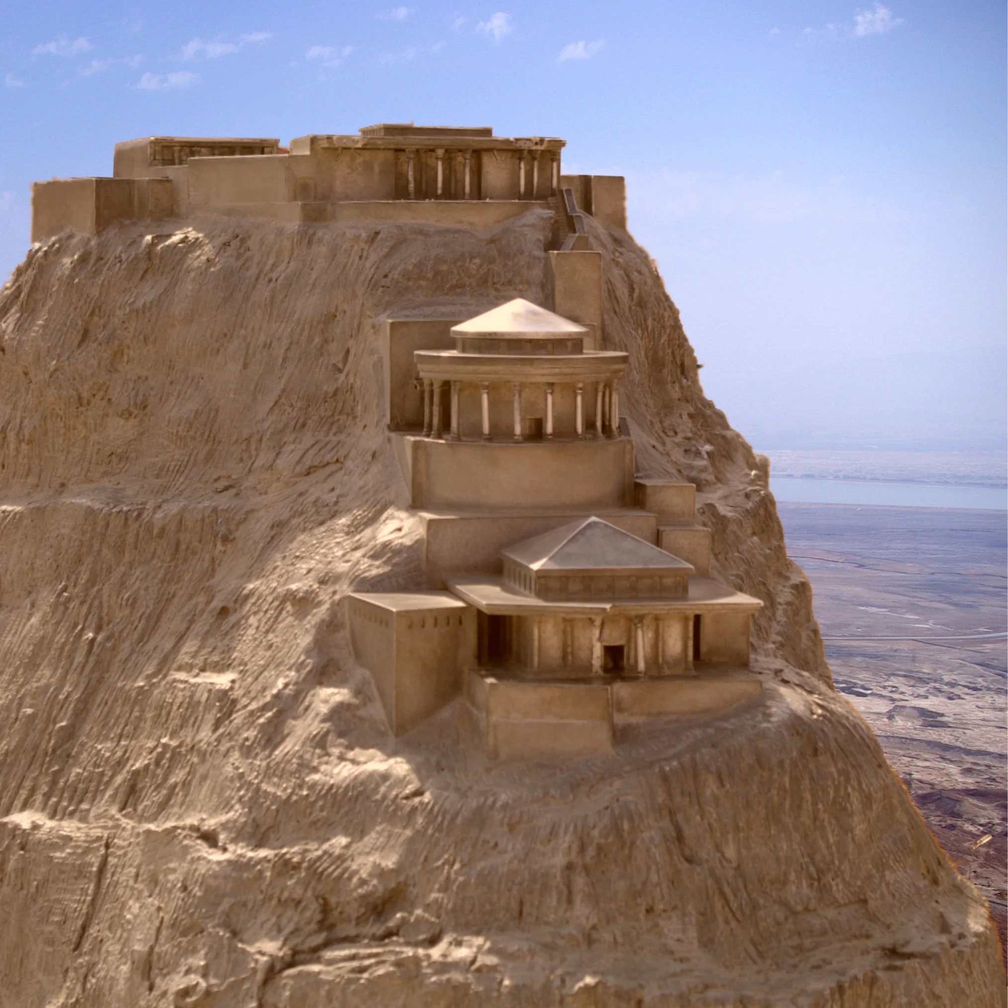 A computer mockup of Herod’s luxurious Palace hanging on the cliffs of the Masada