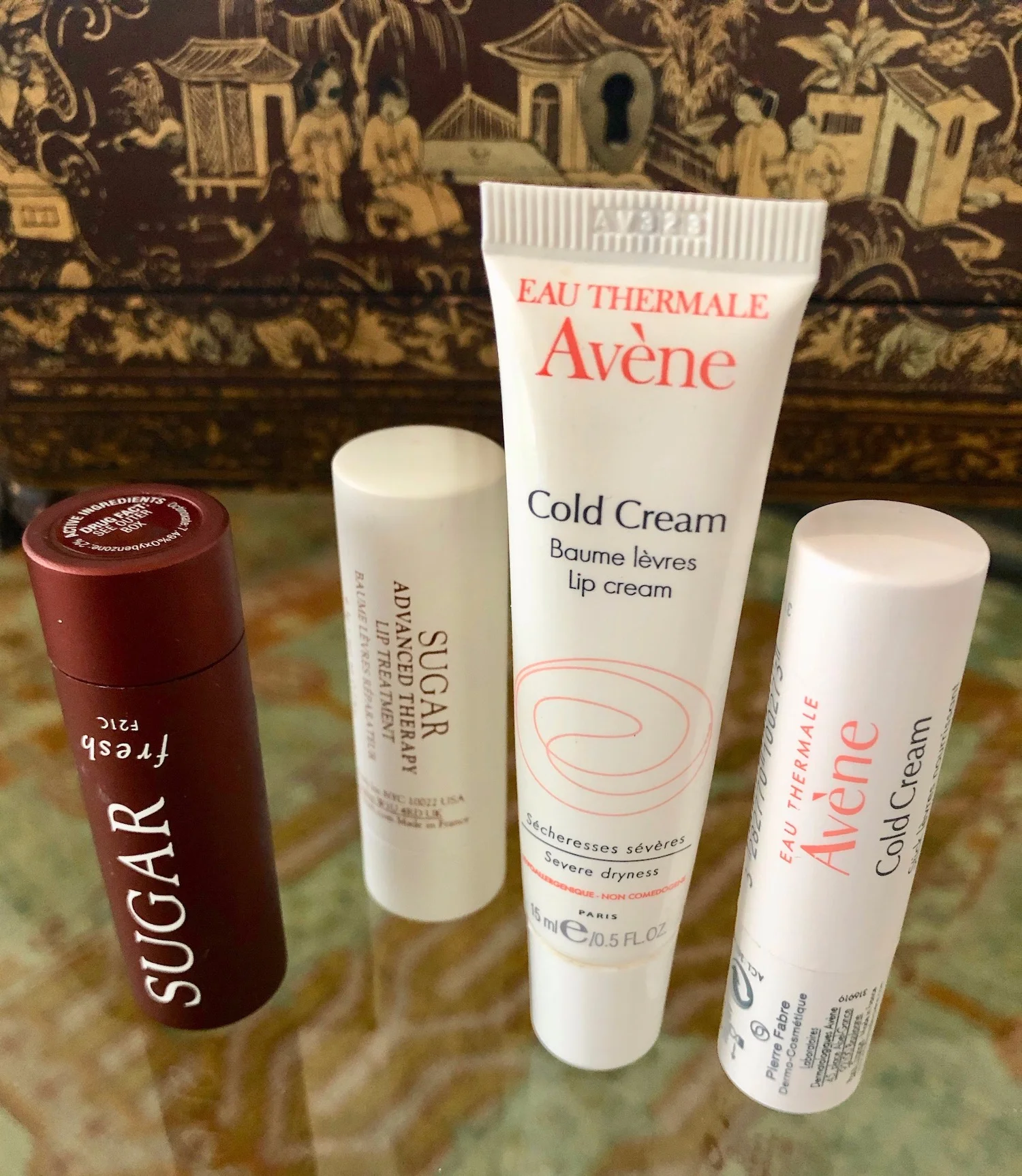 My favorite lip balms. Avéne Cold Cream lip cream and Avéne Cold Cream lip Balm . I also like Fresh Lip Therapy with SPF and Fresh Advanced Therapy Lip Treatment .