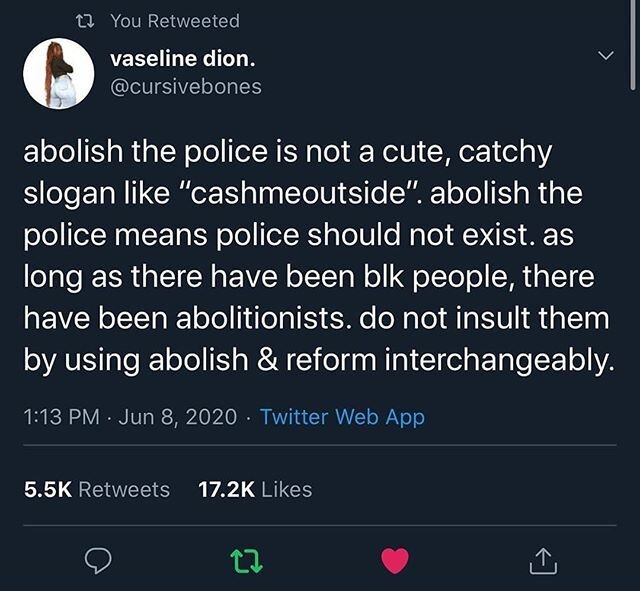 Via @j_______g_______ If you think abolishing the police is unreasonable or some sort of fanciful notion you are articulating that you are okay with at least some measure of Black death. If you think abolishing the police is an empty slogan or a euph