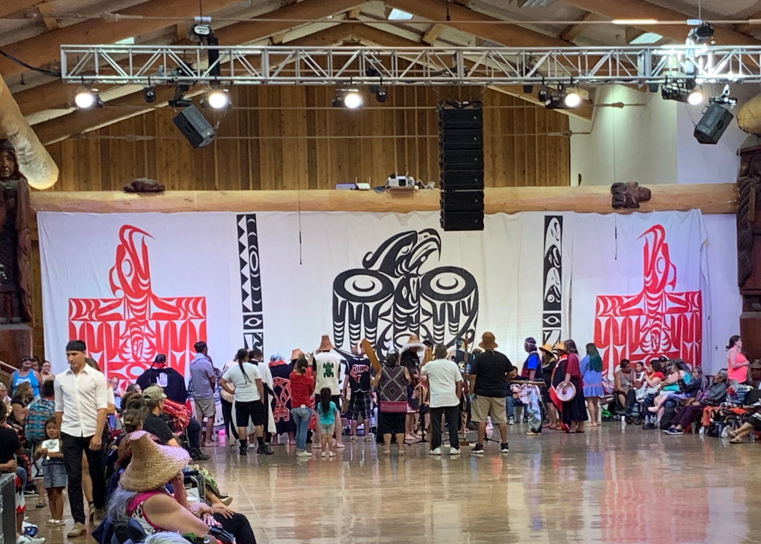 Tlingit, Tsimshian, and Haida Native Alaskan Tribes present to the Lummi Nation at Paddle to Lummi 2019. Photo by Aaron Straight.