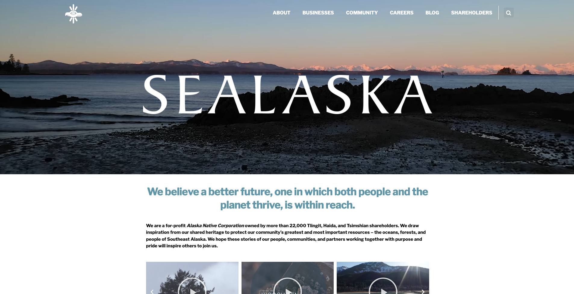 The home page of the new Sealaska website Soulcraft designed and created the storytelling content for alongside Sealaska’s community, leadership, and our partners Why For Good.