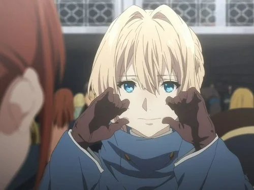 Violet putting on a false smile.