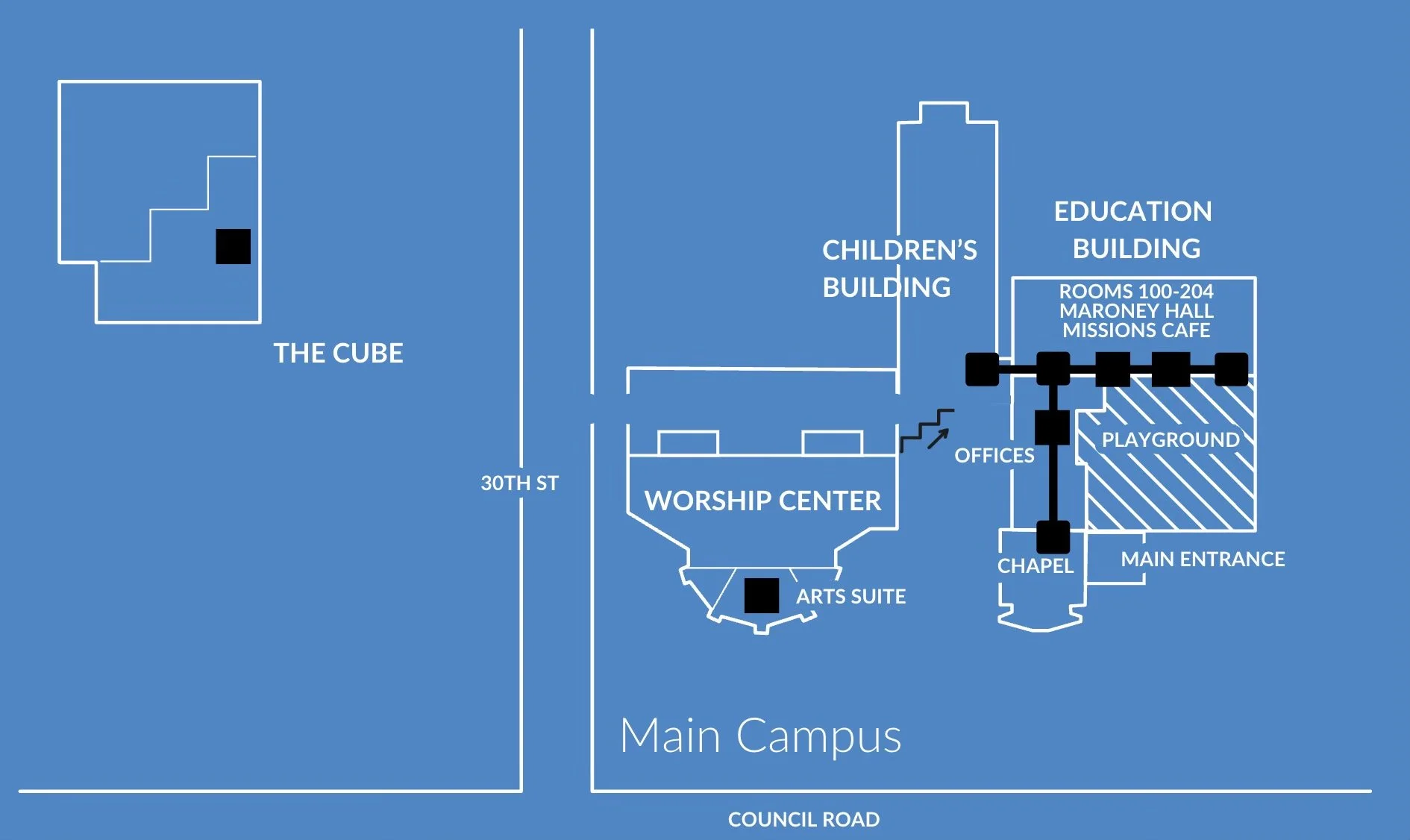Campus map showing main buildings, including The Cube, Children's Building, Education Building, Worship Center, Arts Suite, Offices, Chapel, and Main Entrance. Yard areas include Playground, Maroney Hall Missions Cafe, and several labeled rooms.
