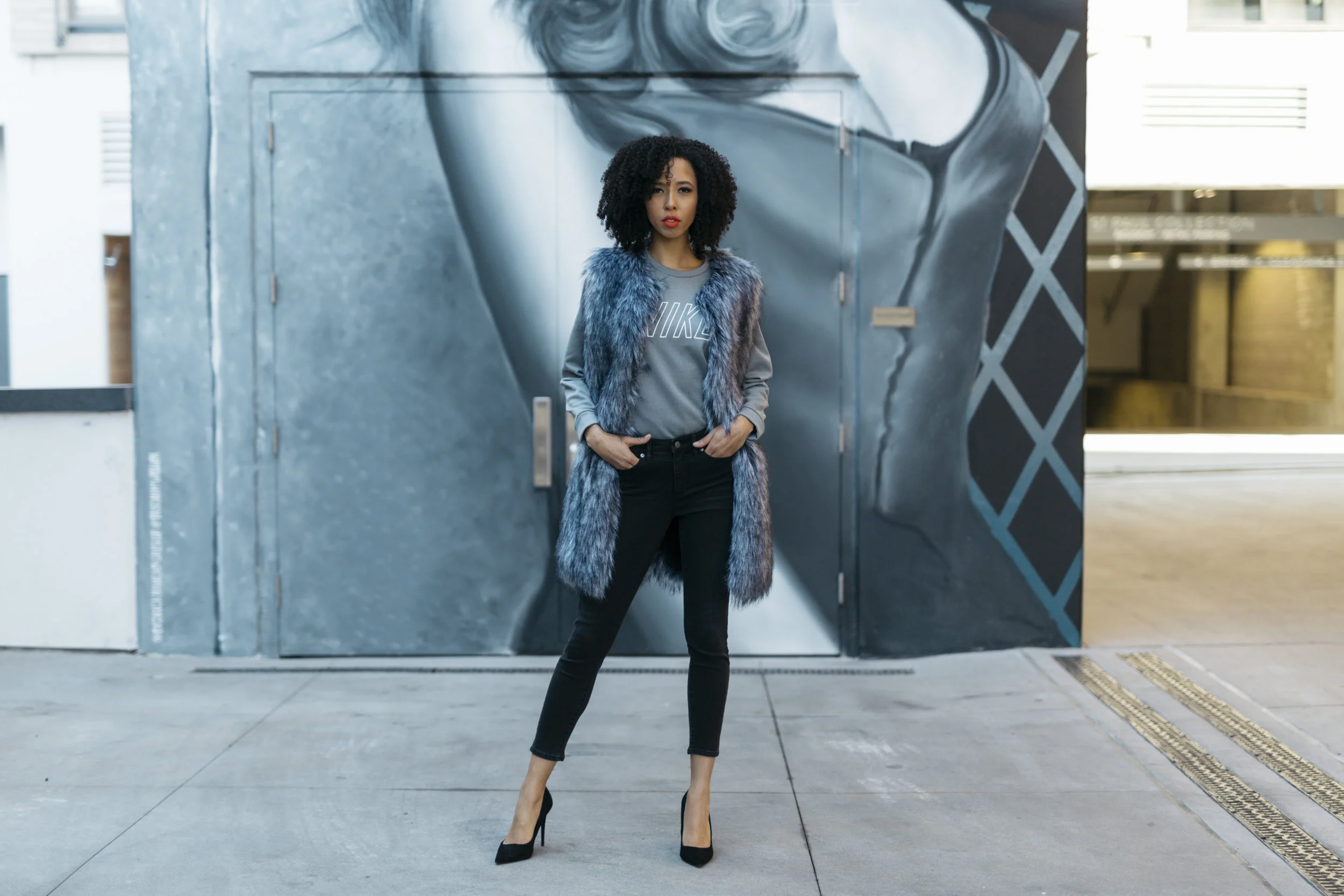 BCBGMAXAZRIA Makenzie Faux Fur Vest, Nike L/S Training Top, Lauren Ralph Lauren Premier Straight Denim, Steve Madden Daisy Suede Pump On Lips: MAC ProLongwear Lip Pencil in What A Blast!, MAC Matte Lipstick in So Chaud, layered with Smashbox Cosmetics’ Always On Matte Liquid Lipstick in Thrill Seeker and Colourpop Cosmetics’ Super Shock Pigment in Monkey Business.