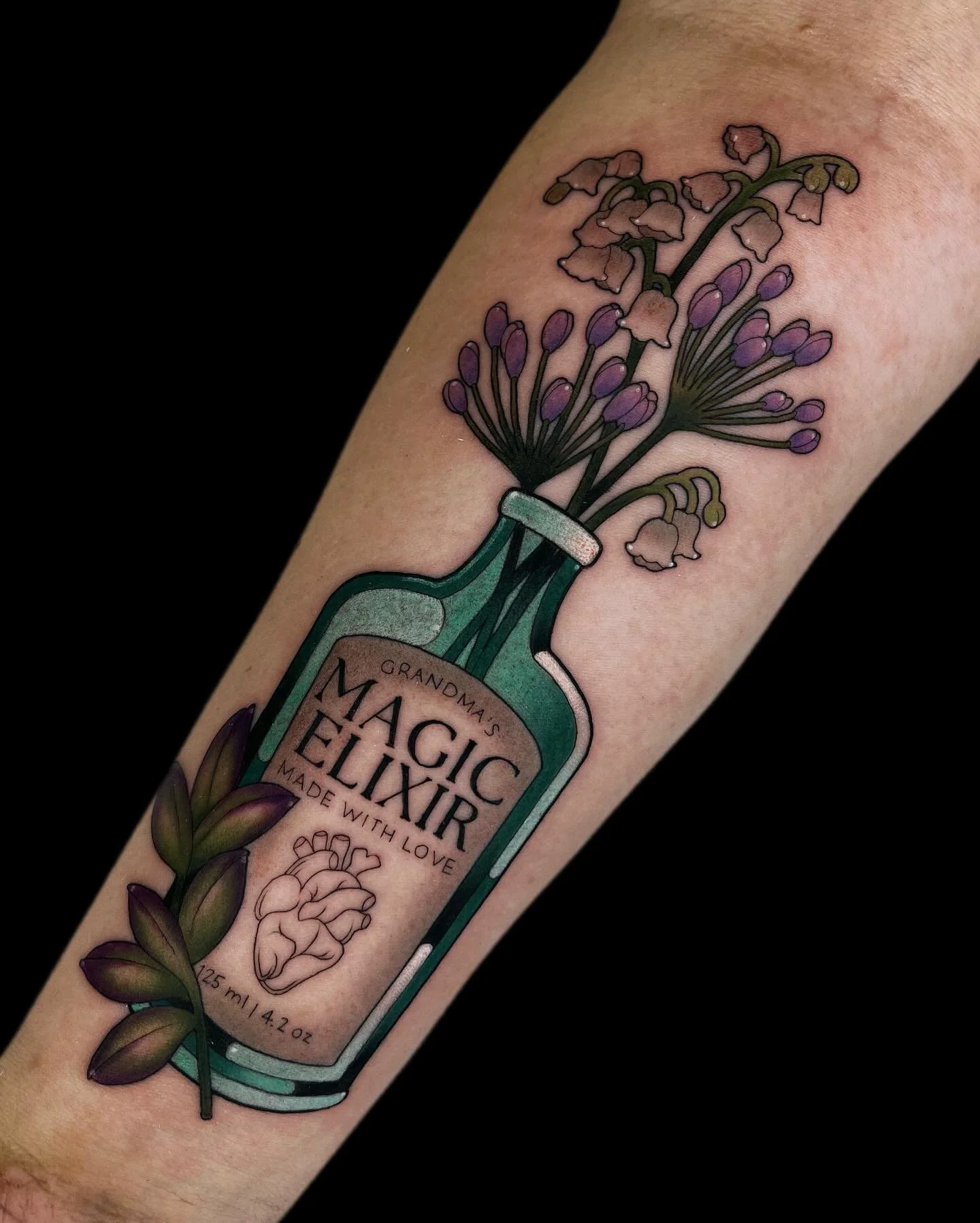 A little magic, made with love 🦋
✸
Throwback/repost of this bottle from a little while back. Happy holidays, tell your grandma you love her ✨
✸
#tattooartist #womenwhotattoo #blackandgreytattoo #illustrativetattoo #moodytattoo #neotraditional 
#cust