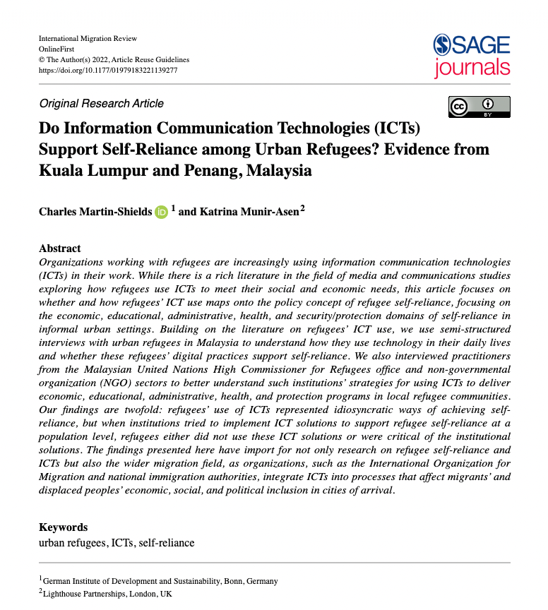Do Information Communication Technologies (ICTs) Support Self-Reliance among Urban Refugees? Evidence from Kuala Lumpur and Penang, Malaysia