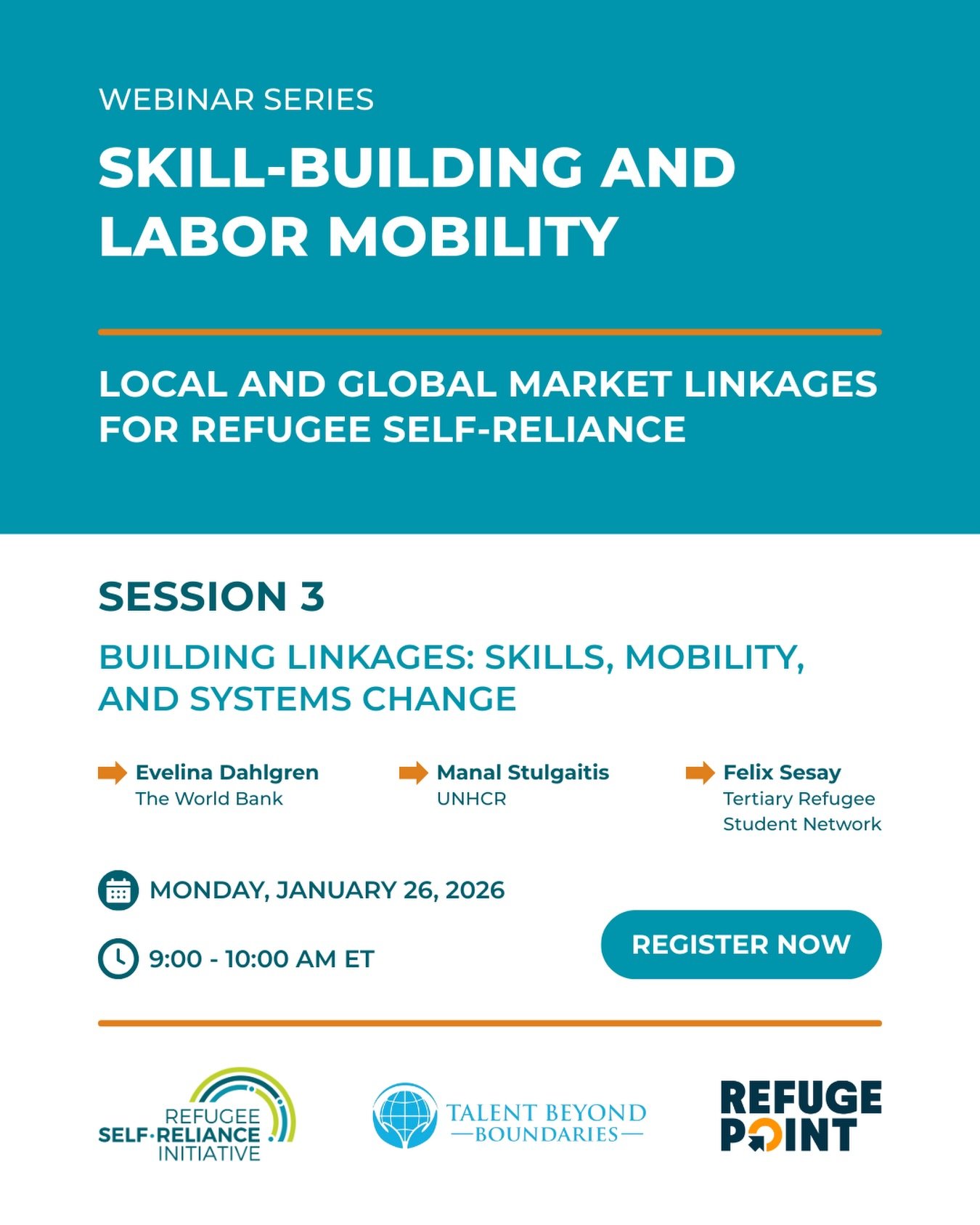 💻 WEBINAR SERIES: Co-hosted by the @refugeeselfreliance, @talentbeyondboundaries, and @refugepoint, this three-part webinar series explores how skill-building and labor mobility initiatives can better work together to support refugee #selfreliance w